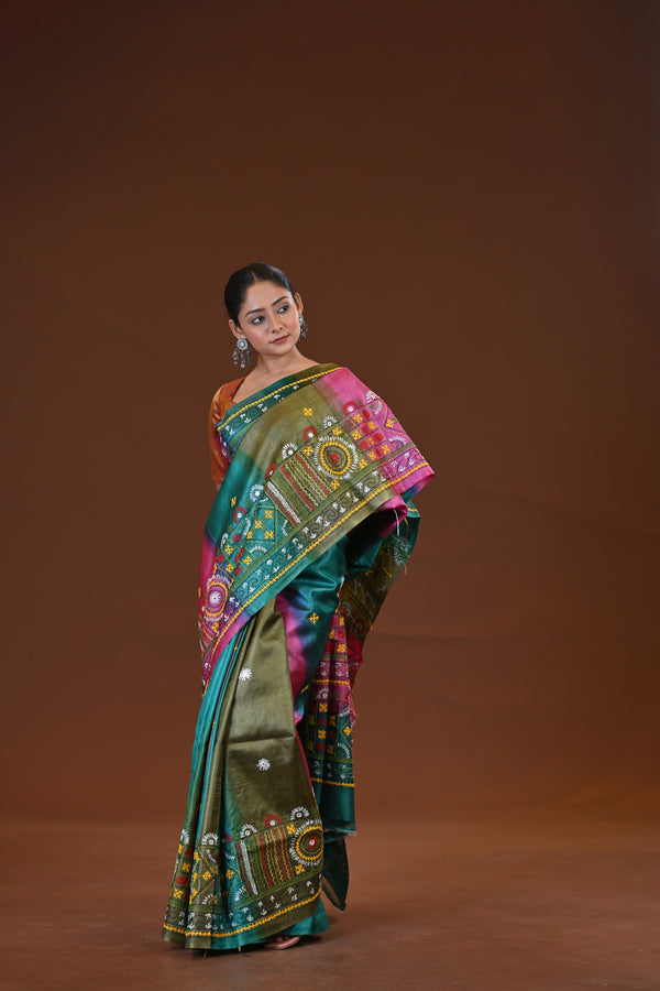 Tussar Silk Kantha Stitch Saree