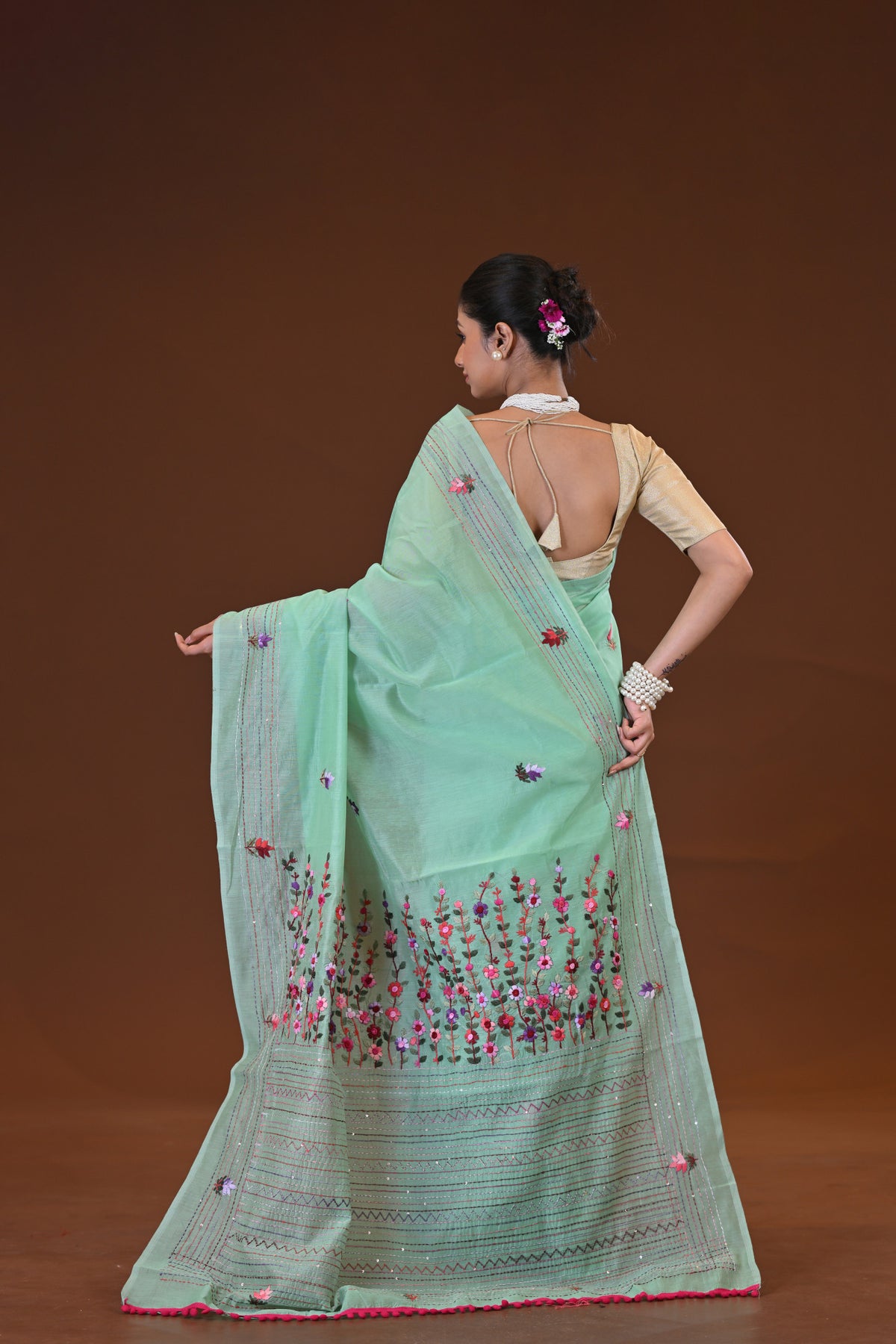 Tussar Silk Kantha Stitch Saree