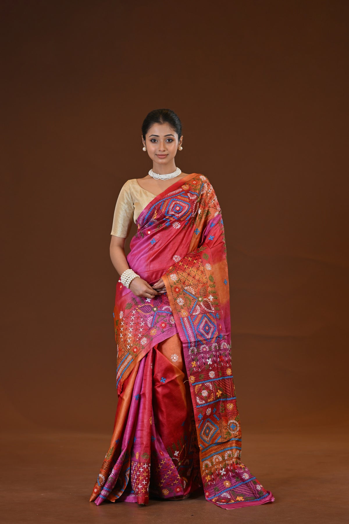 Tussar Silk Kantha Stitch Saree