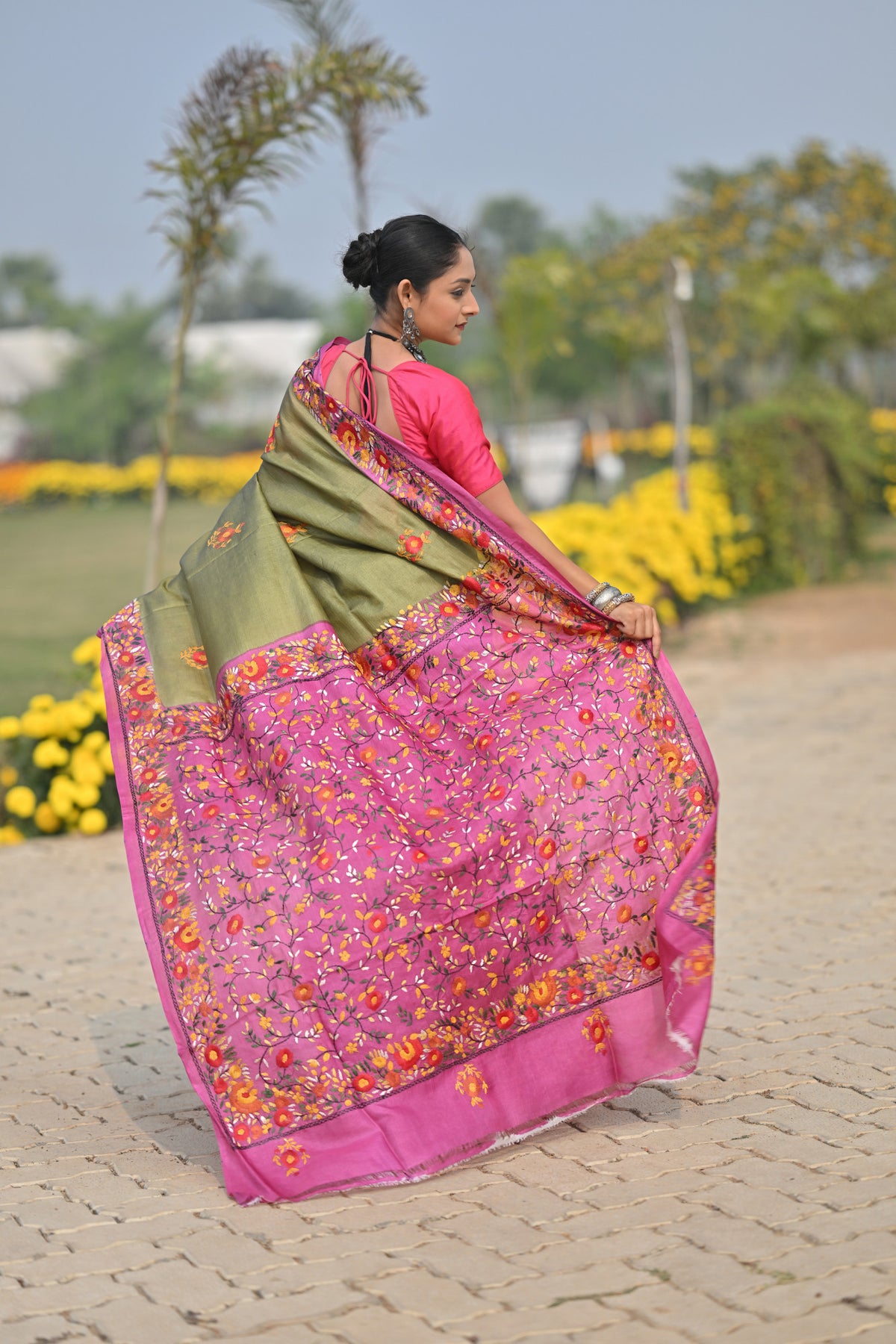 Tussar Silk Kantha Stitch Saree