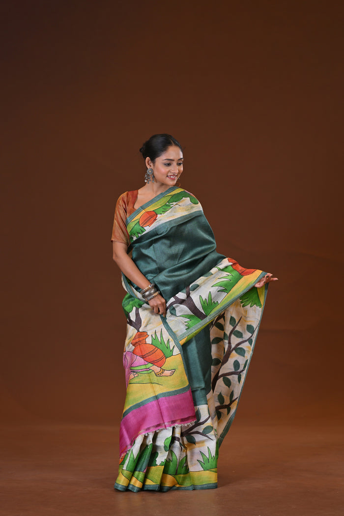 Tussar Hand Print Saree