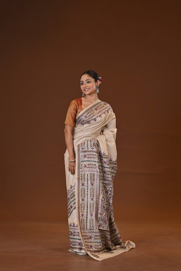 Pure Silk Kantha Stitch Saree