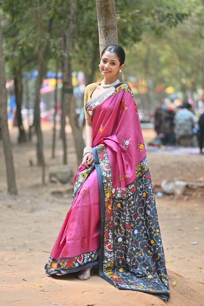 Tussar Silk Kantha Stitch Saree