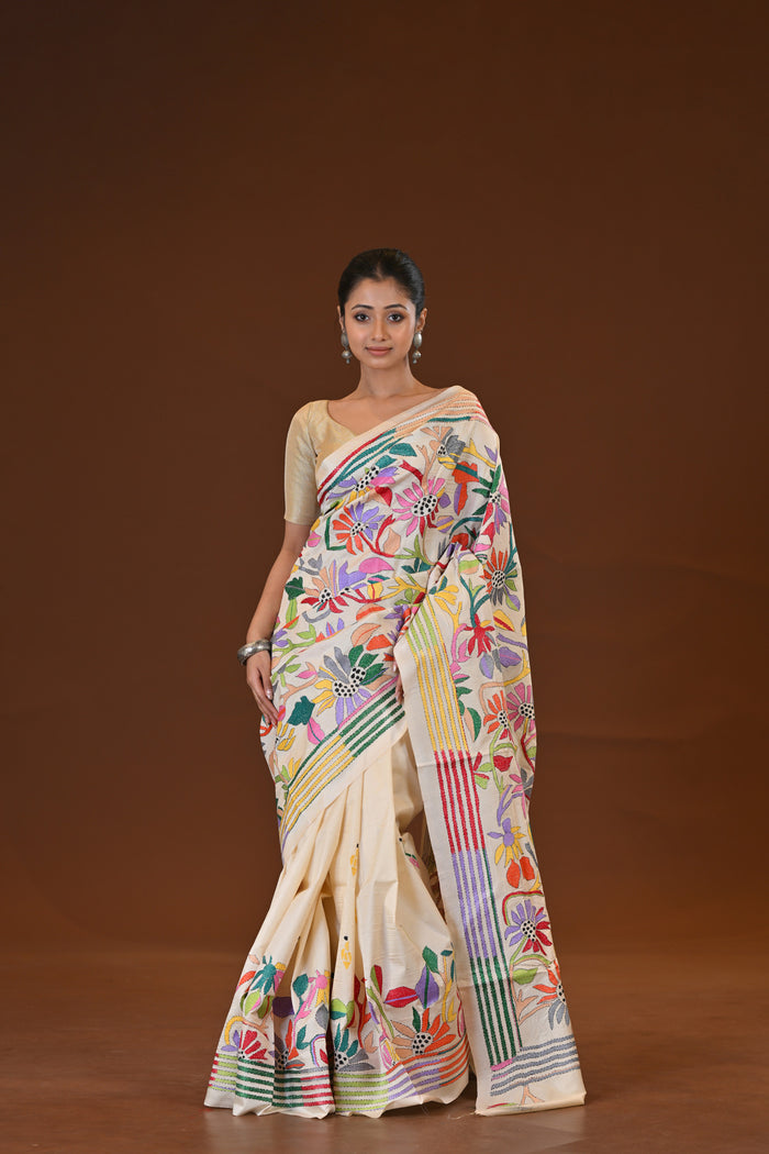 Pure Silk Kantha Stitch Saree
