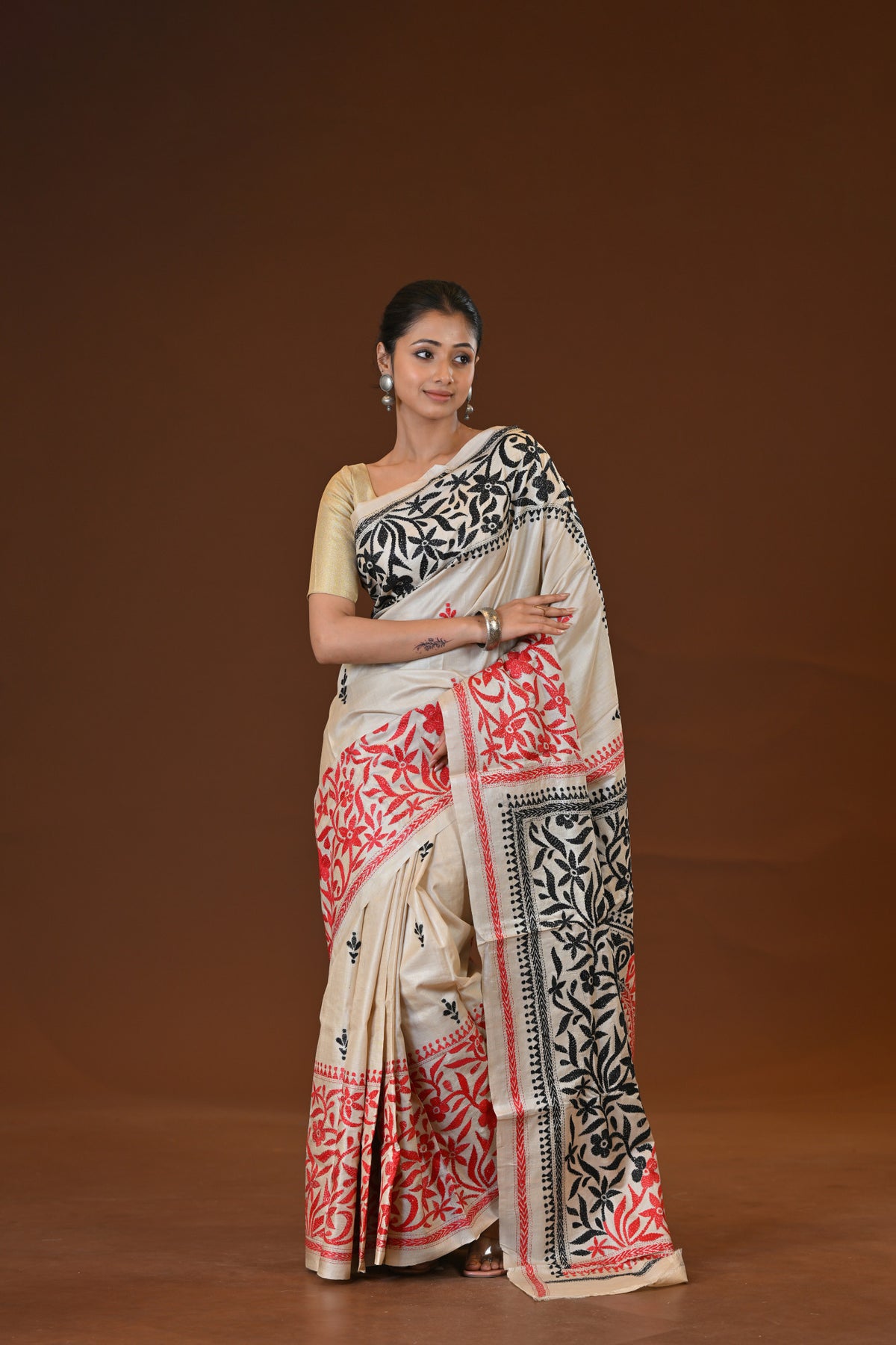 Pure Silk Kantha Stitch Saree