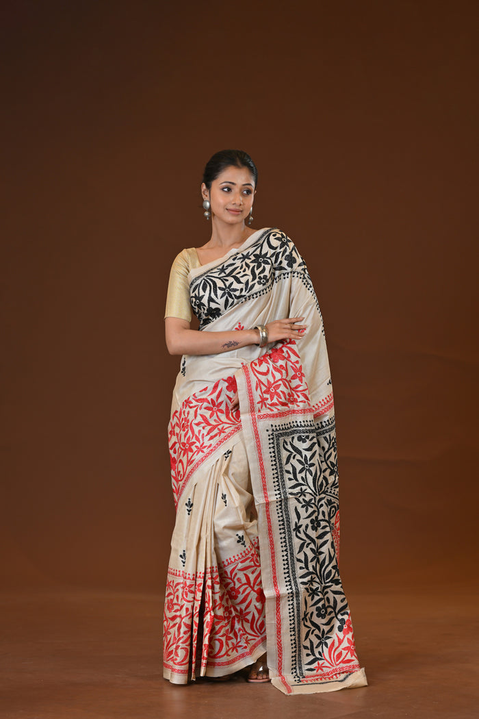 Pure Silk Kantha Stitch Saree