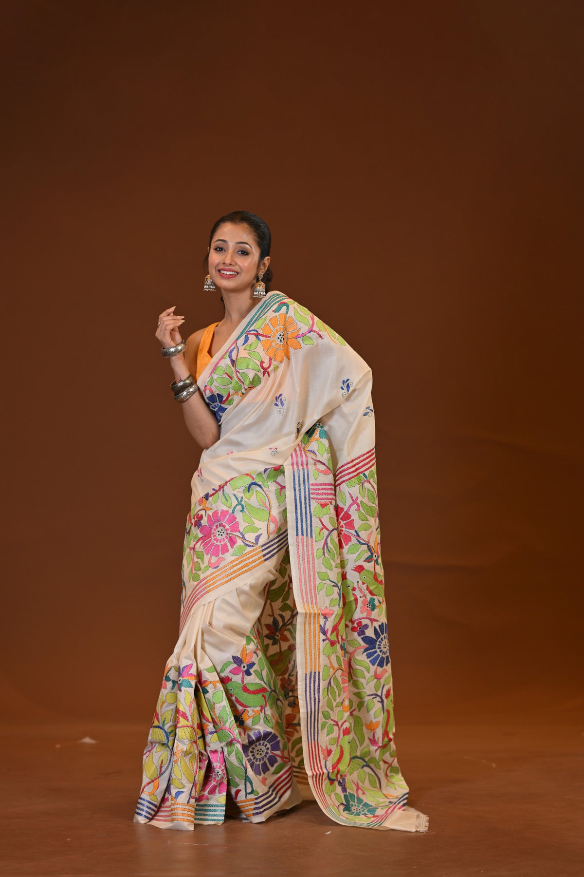 Pure Silk Kantha Stitch Saree