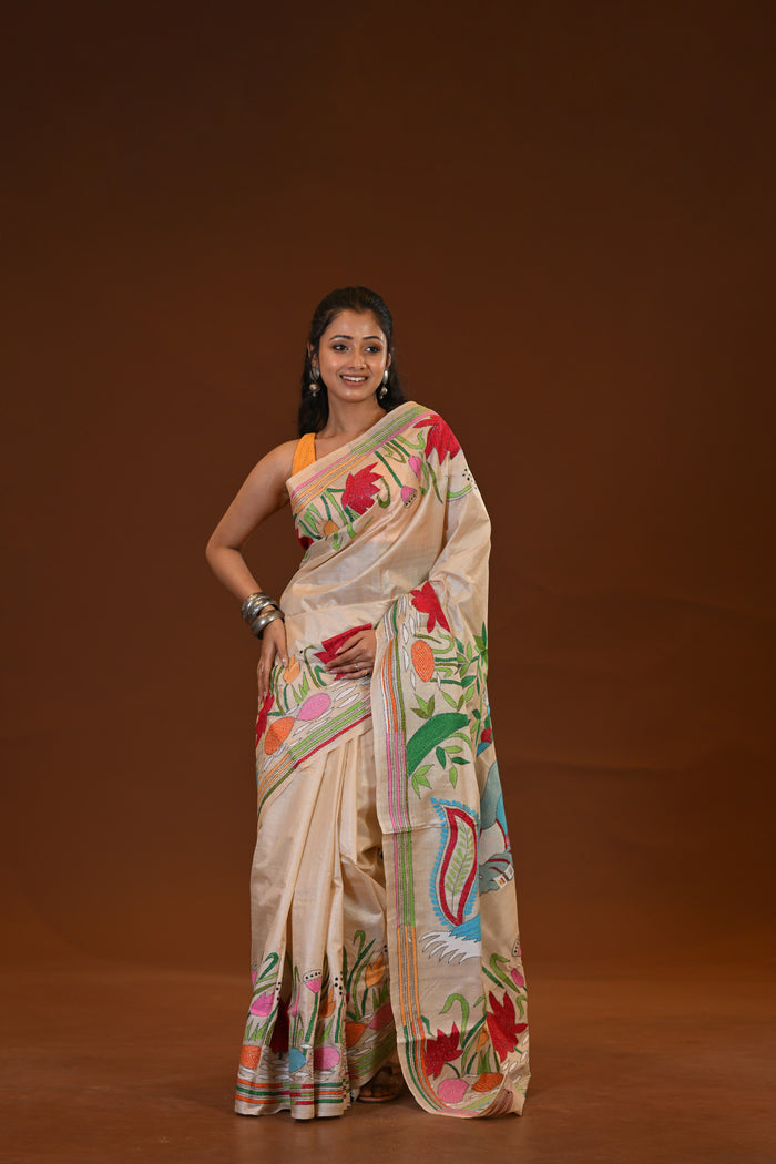 Pure Silk Kantha Stitch Saree