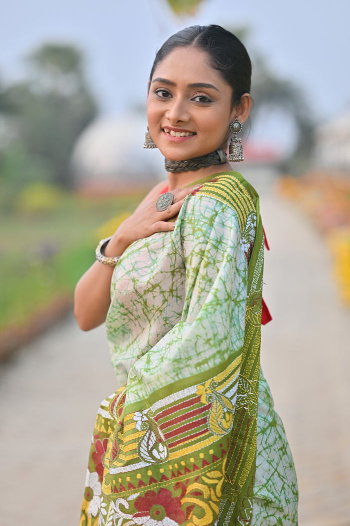 Pure Silk Kantha Stitch Saree