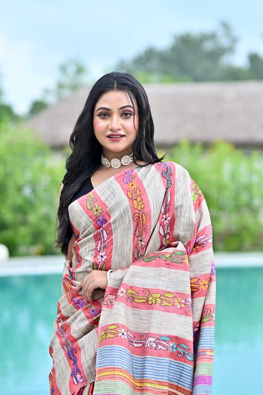 RUDRANI GHICHA STRIPE KANTHA SAREE