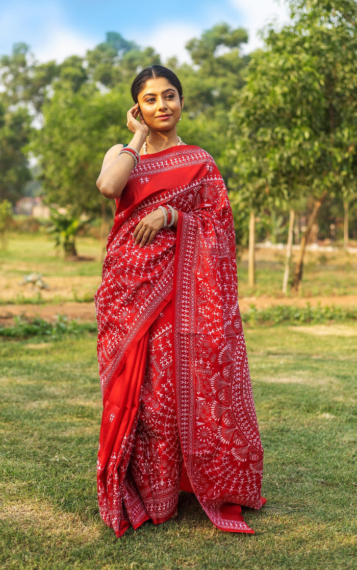 Gachi Silk Kantha Saree Red