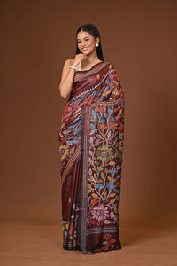 Blended Silk Kantha Stitch Saree Velvet Brown