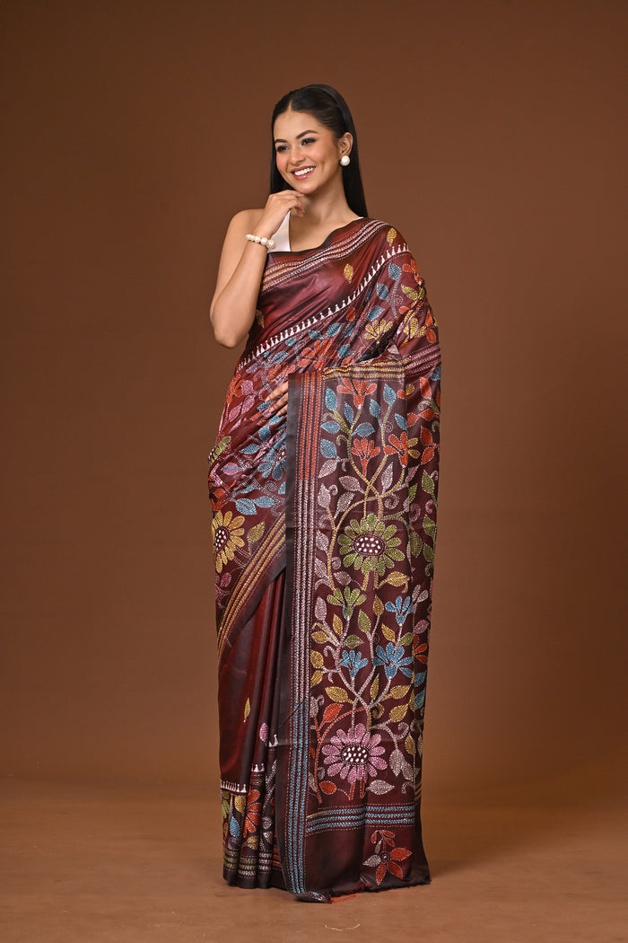 Blended Silk Kantha Stitch Saree