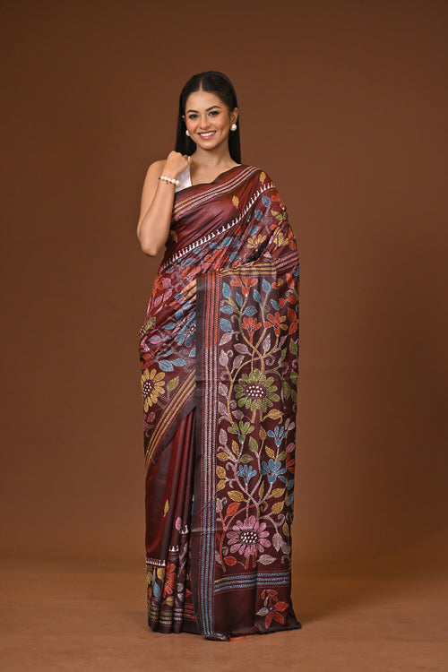 Blended Silk Kantha Stitch Saree