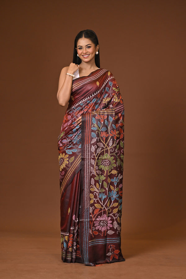 Blended Silk Kantha Stitch Saree