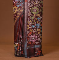 Blended Silk Kantha Stitch Saree Velvet Brown