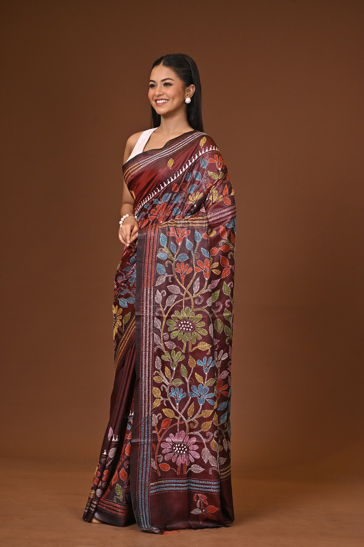Blended Silk Kantha Stitch Saree Velvet Brown