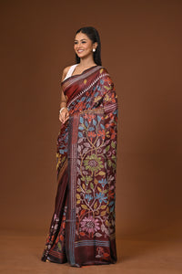 Blended Silk Kantha Stitch Saree Velvet Brown