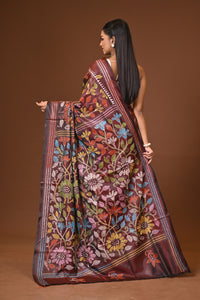 Blended Silk Kantha Stitch Saree Velvet Brown