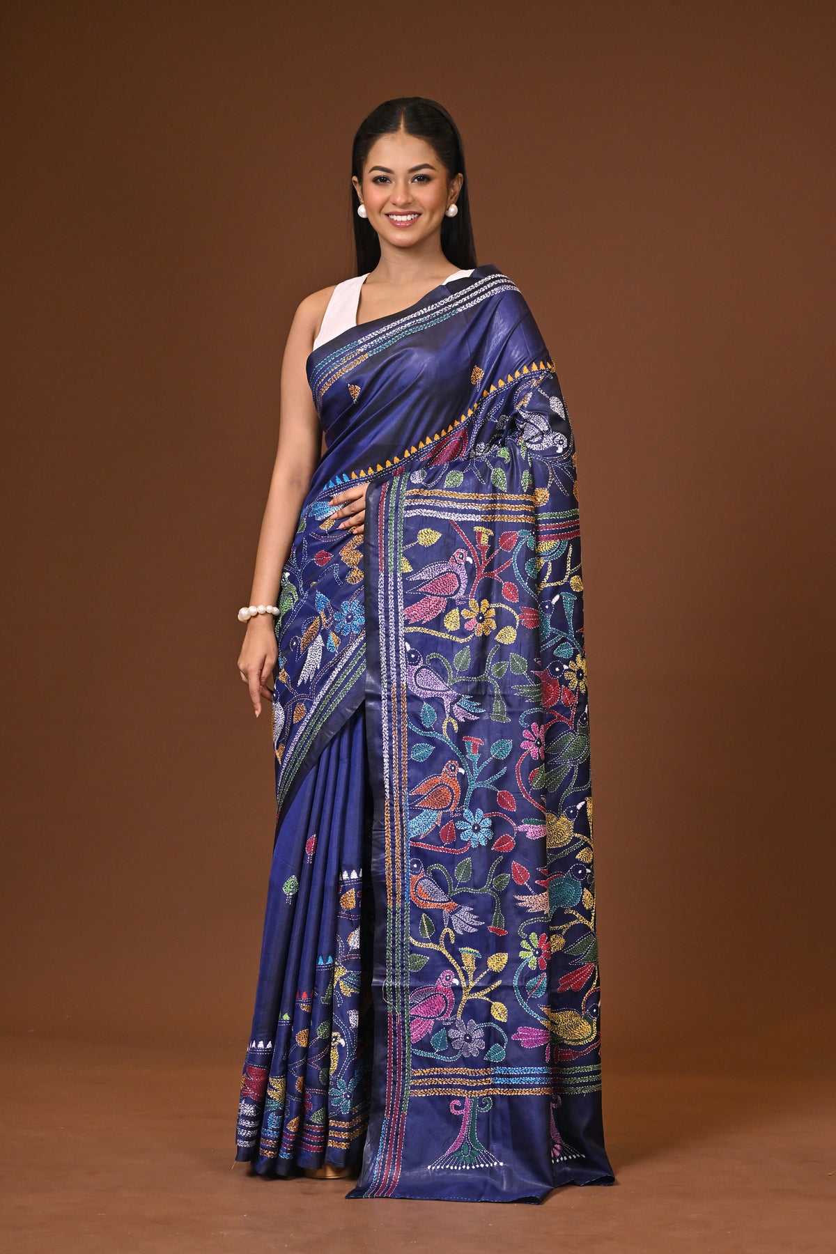 Blended Silk Kantha Stitch Saree Navy Blue
