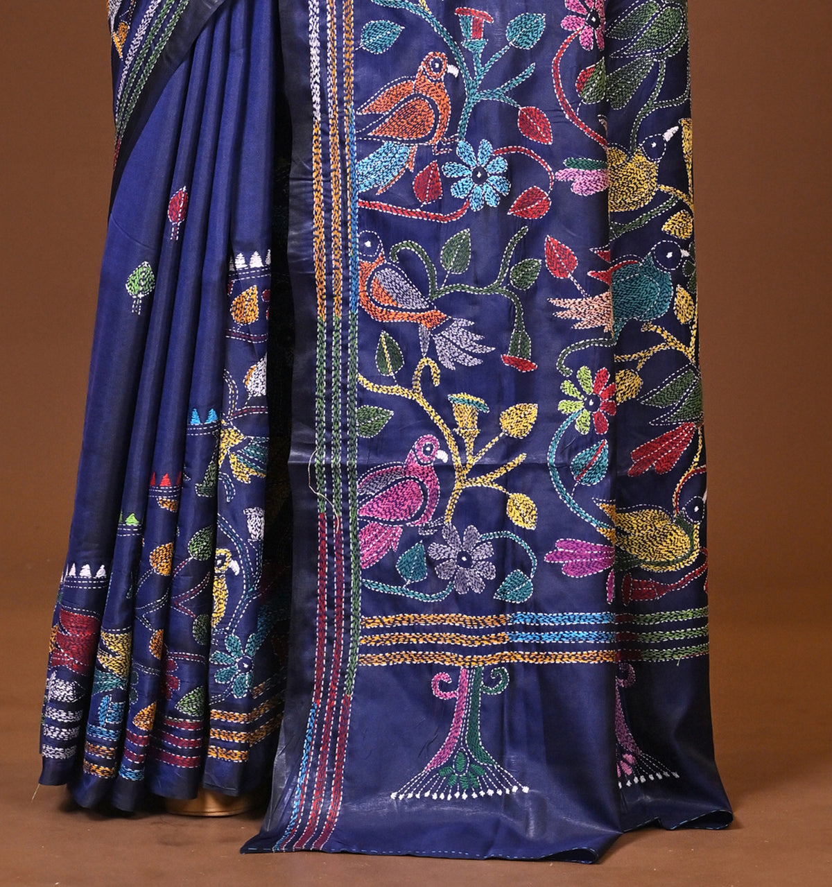 Blended Silk Kantha Stitch Saree Navy Blue