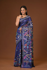 Blended Silk Kantha Stitch Saree Navy Blue