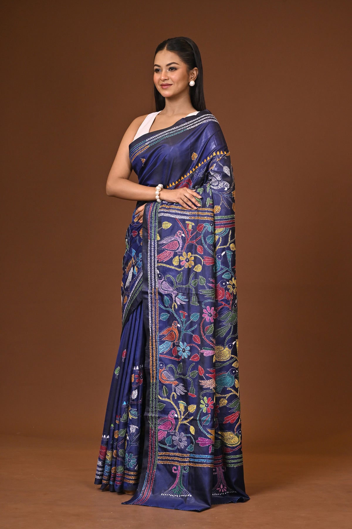 Blended Silk Kantha Stitch Saree Navy Blue