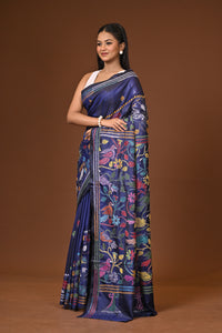 Blended Silk Kantha Stitch Saree Navy Blue