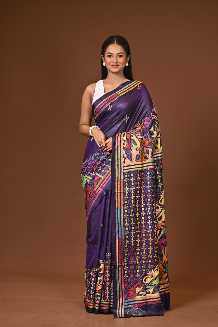 Blended Silk Kantha Stitch Saree