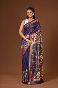 Blended Silk Kantha Stitch Saree Navy Blue