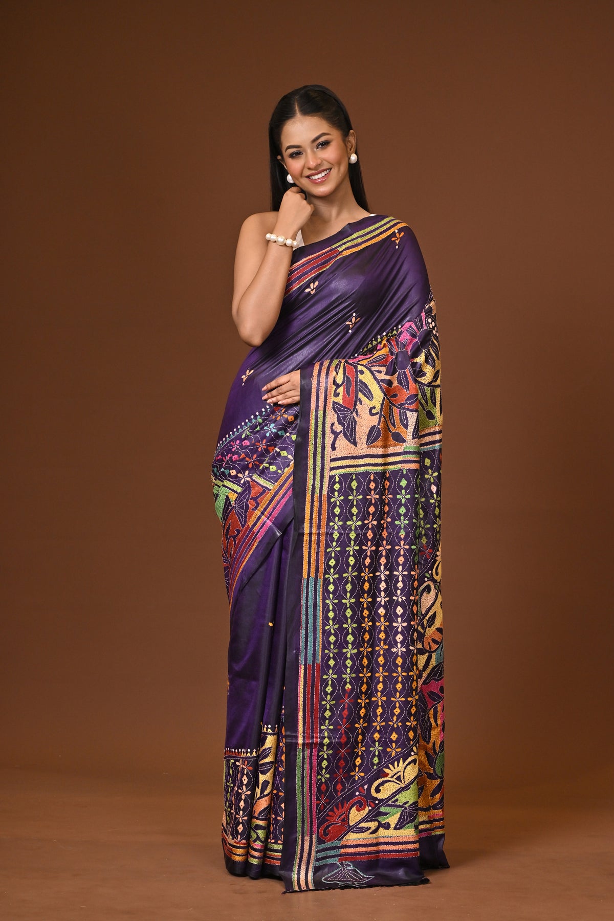 Blended Silk Kantha Stitch Saree Navy Blue