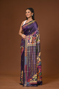 Blended Silk Kantha Stitch Saree Navy Blue