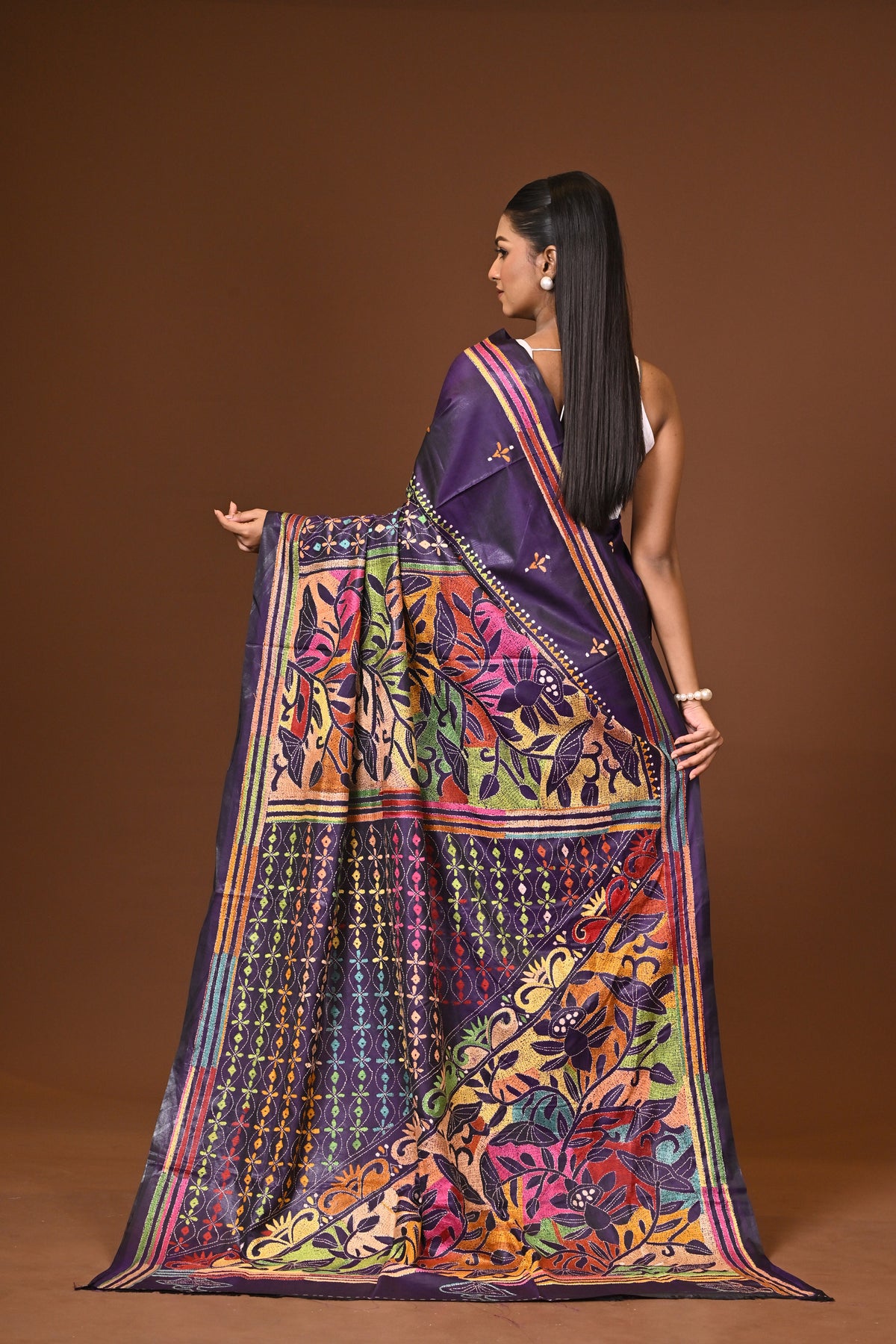 Blended Silk Kantha Stitch Saree Navy Blue