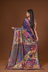 Blended Silk Kantha Stitch Saree Navy Blue