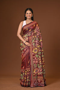Blended Silk Kantha Stitch Saree Velvet Brown