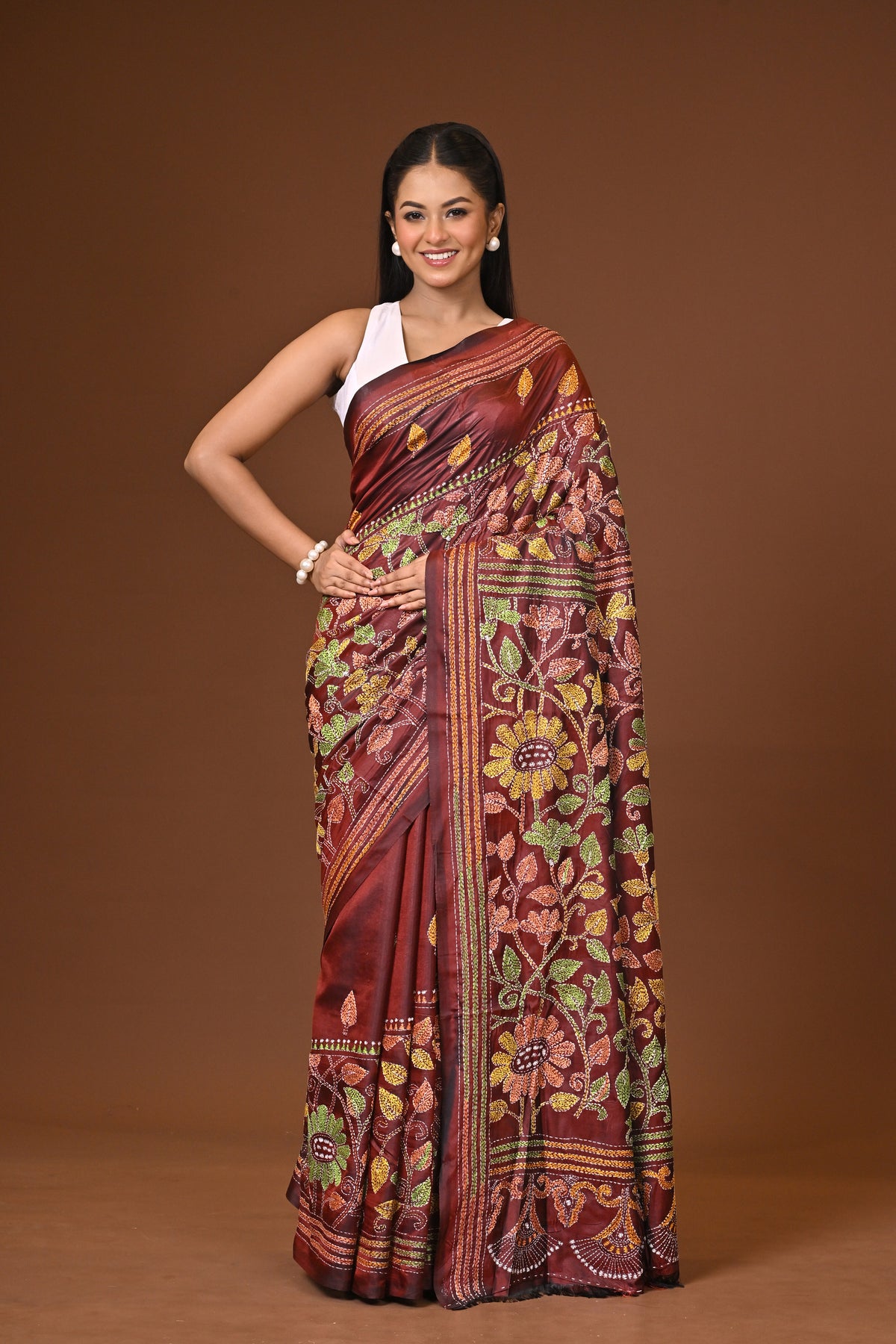 Blended Silk Kantha Stitch Saree Velvet Brown