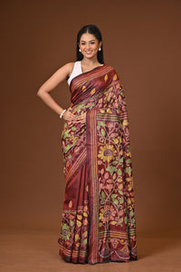 Blended Silk Kantha Stitch Saree Velvet Brown