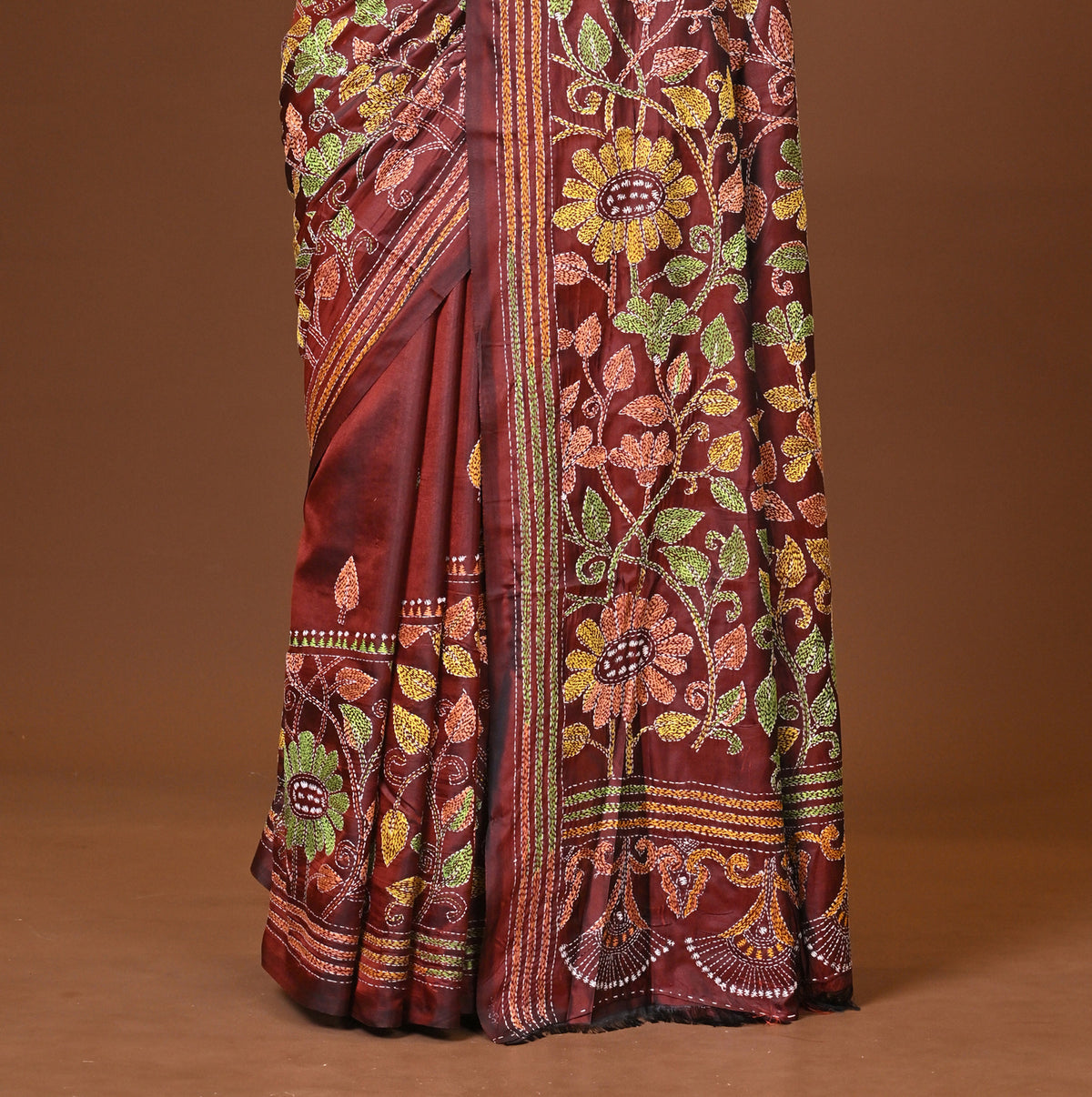 Blended Silk Kantha Stitch Saree Velvet Brown
