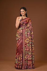 Blended Silk Kantha Stitch Saree Velvet Brown