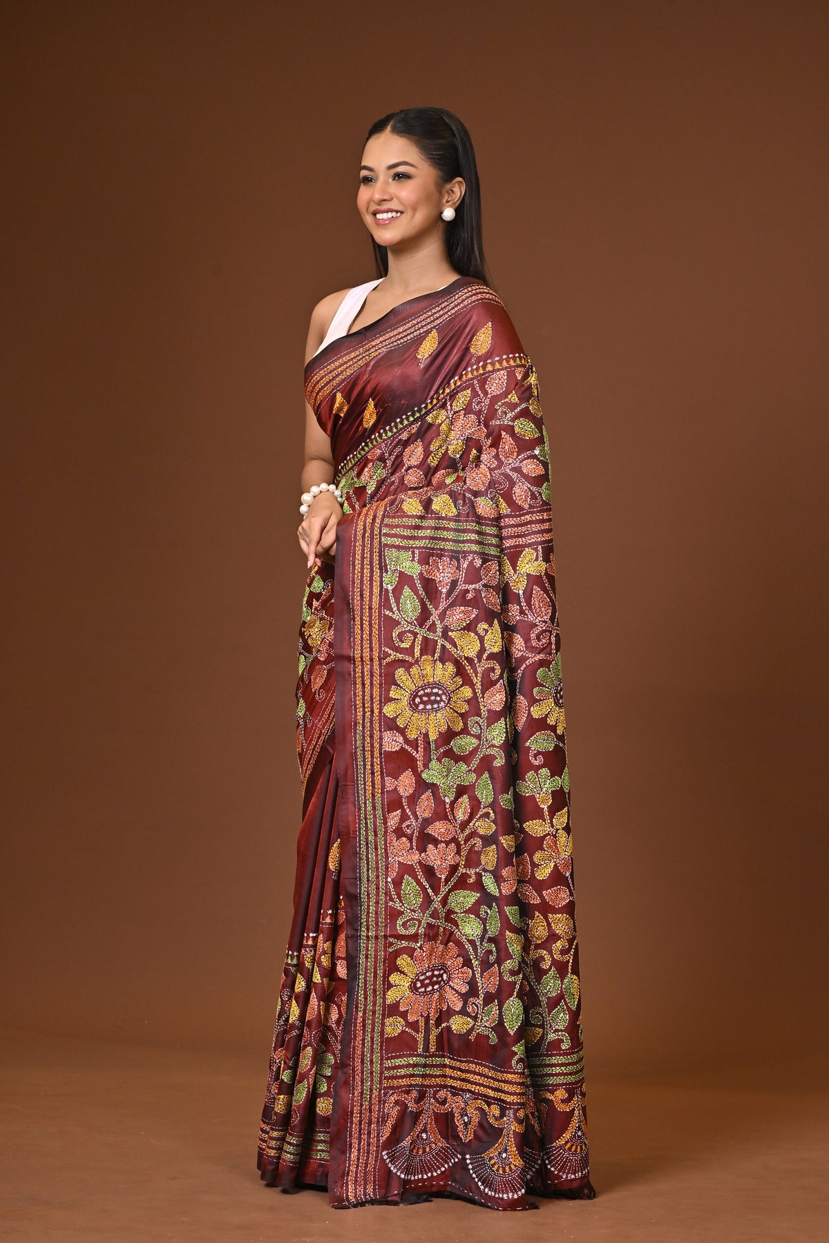 Blended Silk Kantha Stitch Saree Velvet Brown