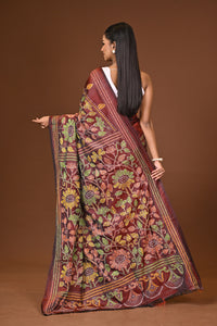 Blended Silk Kantha Stitch Saree Velvet Brown