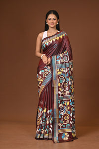 Blended Silk Kantha Stitch Saree Brown