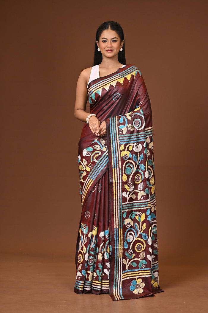 Blended Silk Kantha Stitch Saree