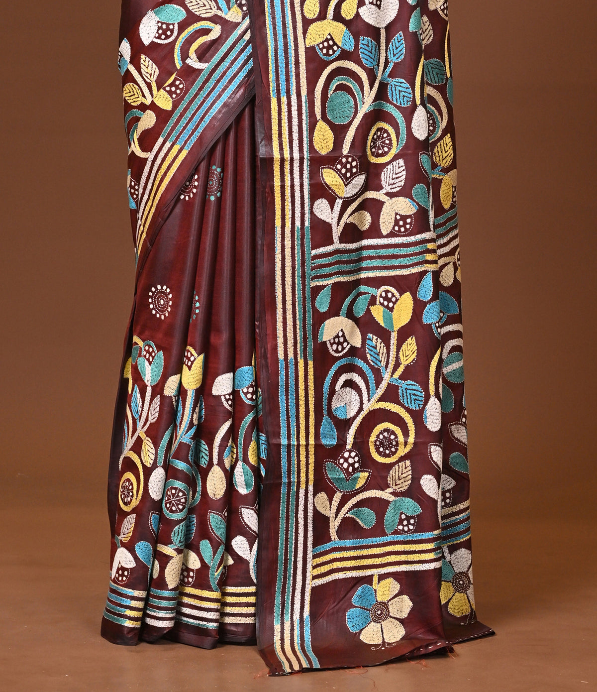 Blended Silk Kantha Stitch Saree Brown