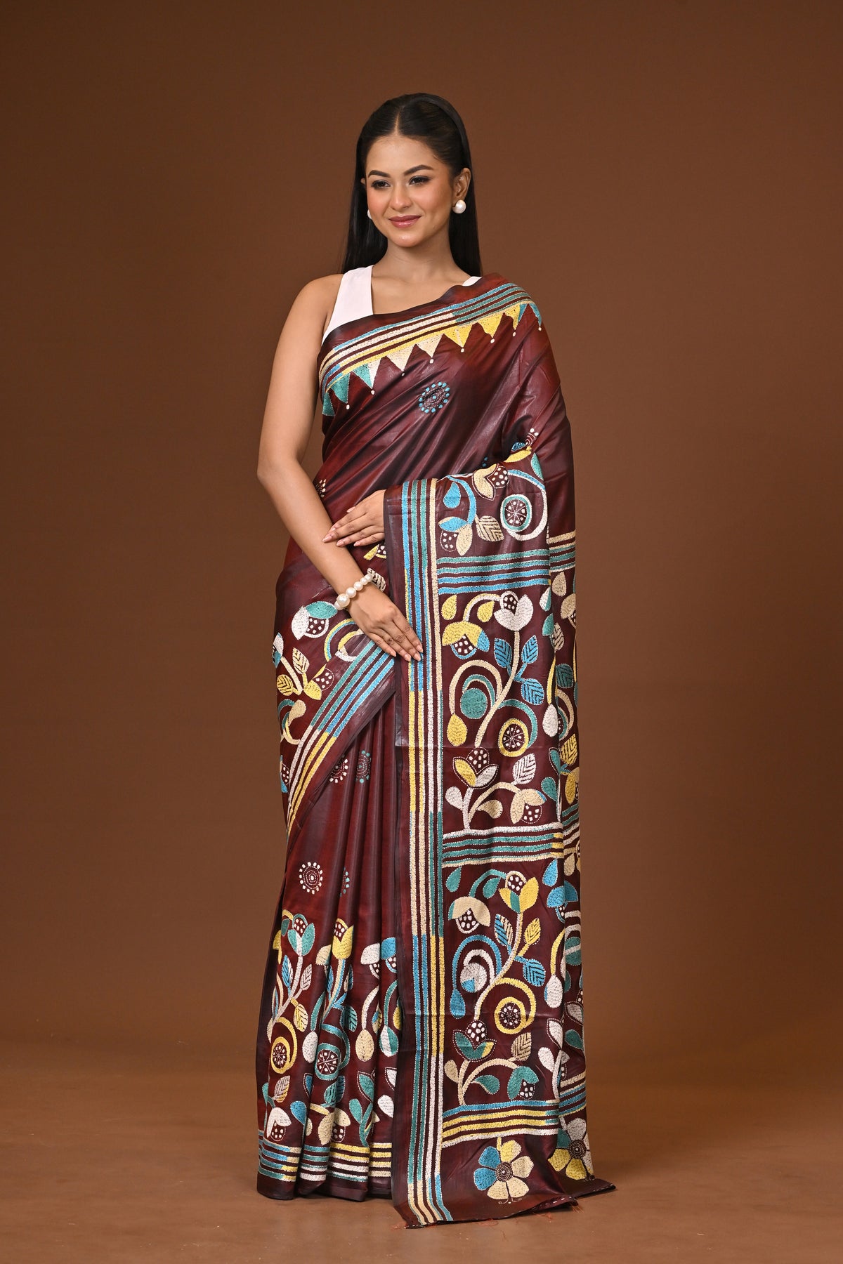 Blended Silk Kantha Stitch Saree Brown
