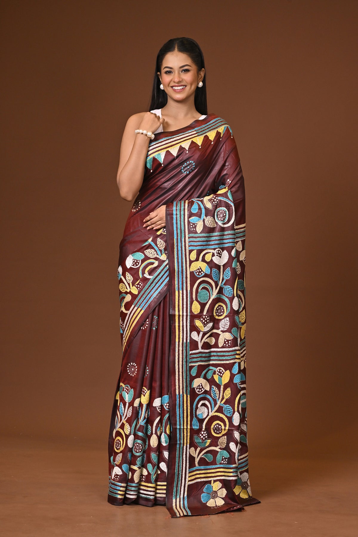 Blended Silk Kantha Stitch Saree Brown
