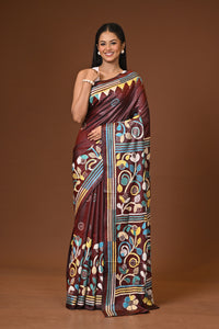 Blended Silk Kantha Stitch Saree Brown
