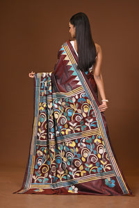Blended Silk Kantha Stitch Saree Brown