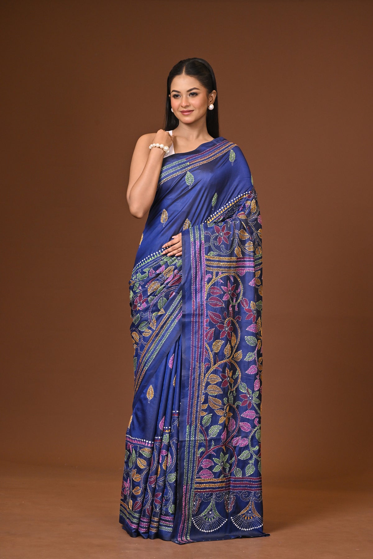 Blended Silk Kantha Stitch Saree Navy Blue
