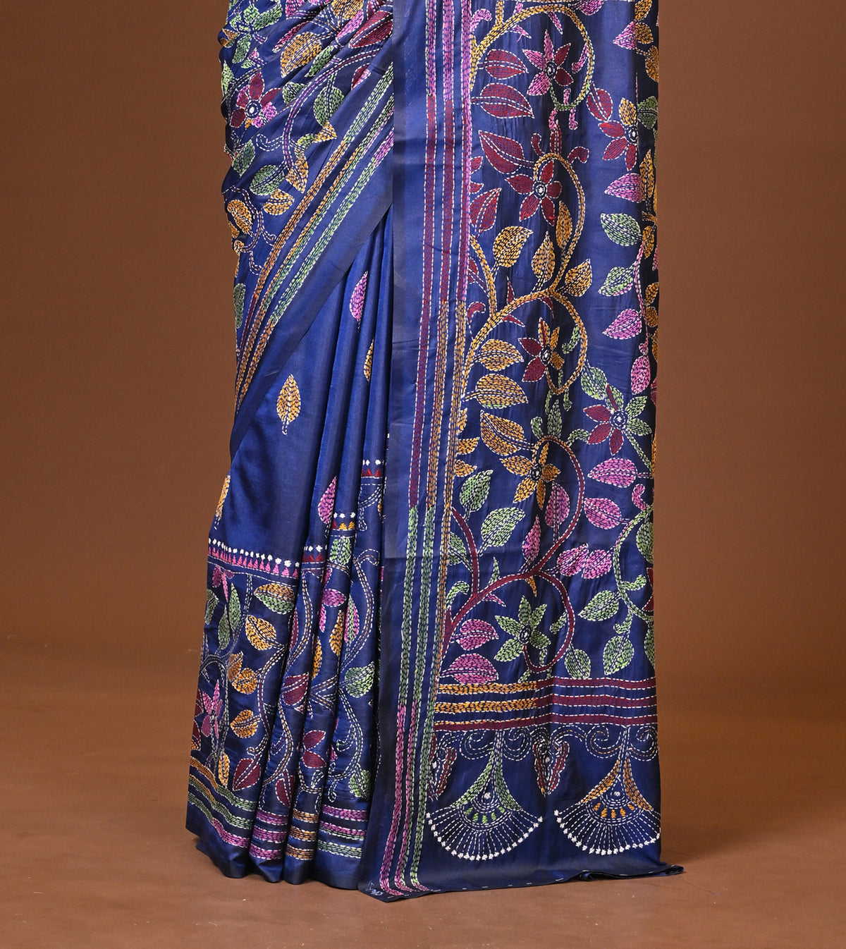 Blended Silk Kantha Stitch Saree Navy Blue